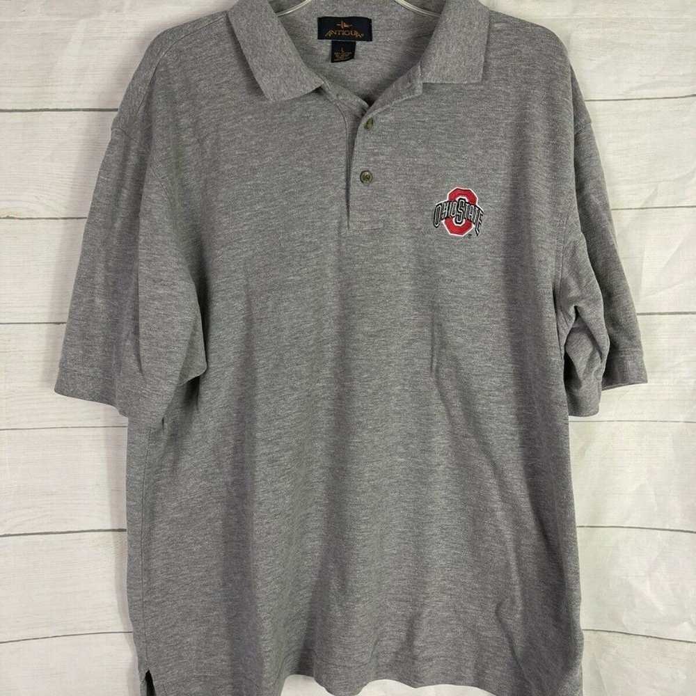 Mens Ohio State Antigua Polo Shirt Gray Embroidered Logo Size Large 100% Cotton